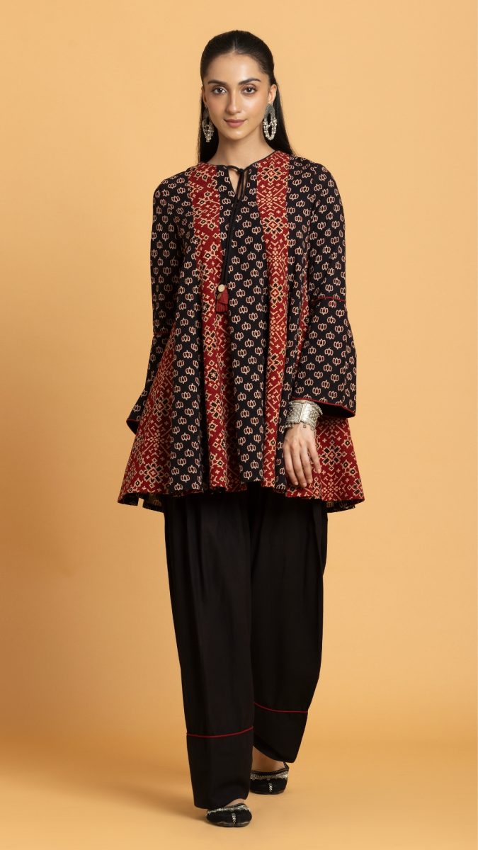 Multi colored paneled flared kurta