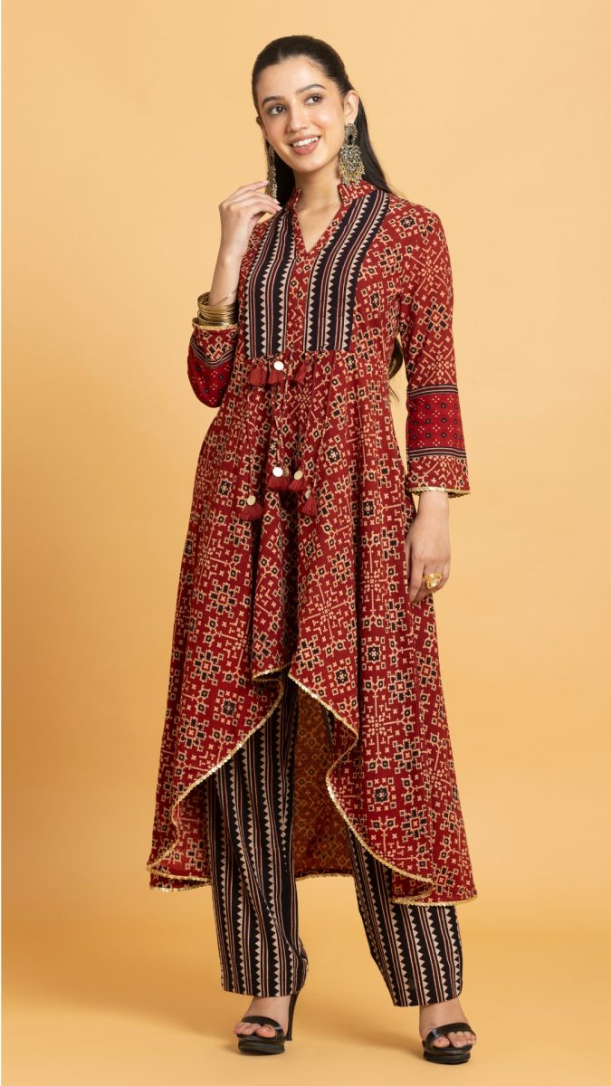 Multicolor Ajrakh Printed High Low Kurta Set
