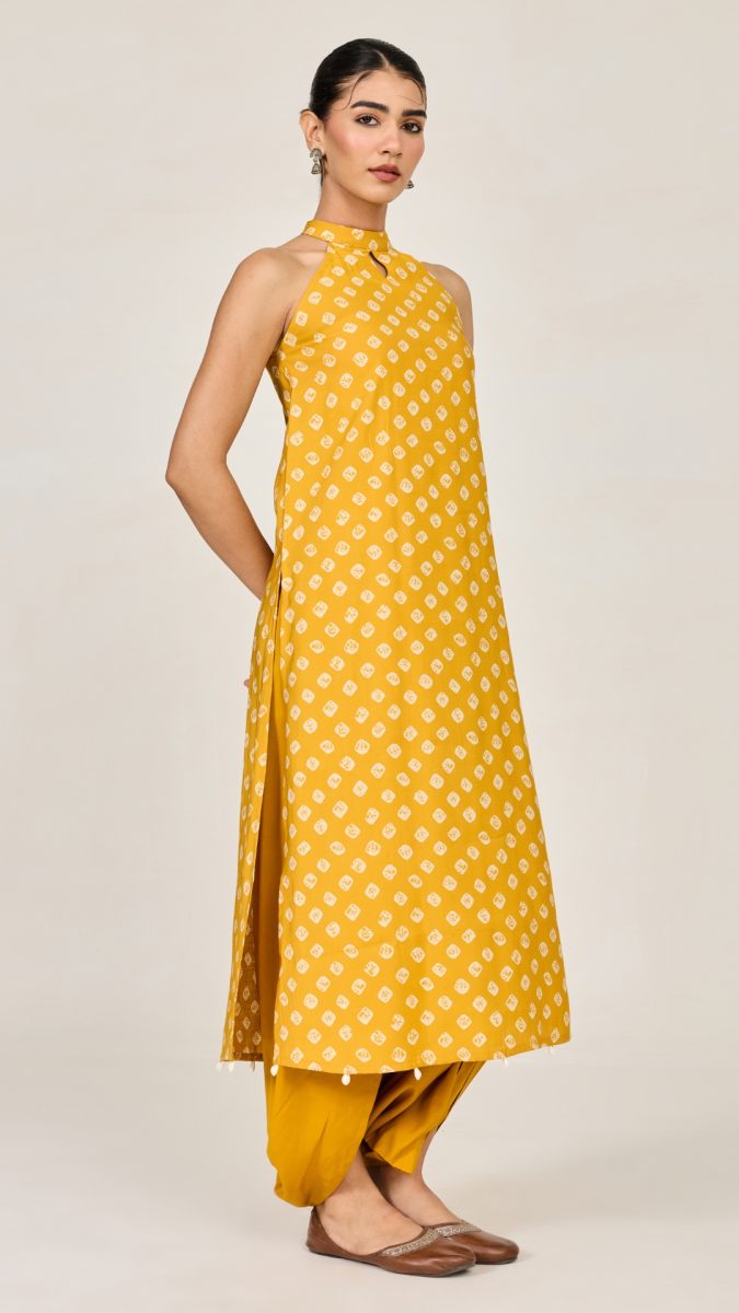 Yellow bandhani printed a-line long kurta