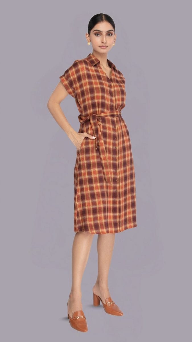 Brown Checked Pattern Shirt Dress