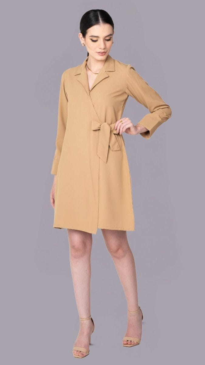 Beige Lapel Collar Dress With Front Tie