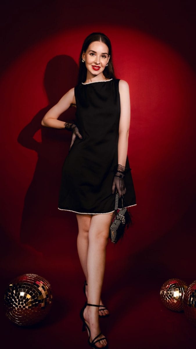 Black Satin Mini Dress With Pearl Lace Detail