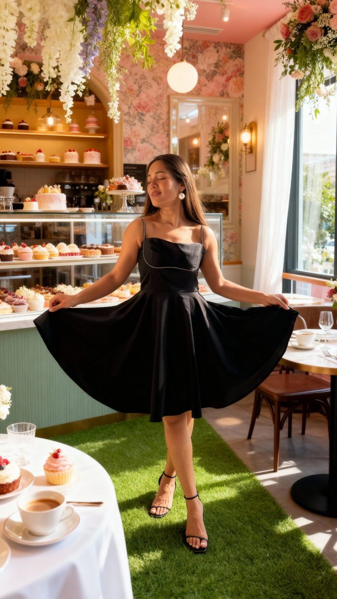 Black Satin Mini Dress With Rhinestone Lace Detail
