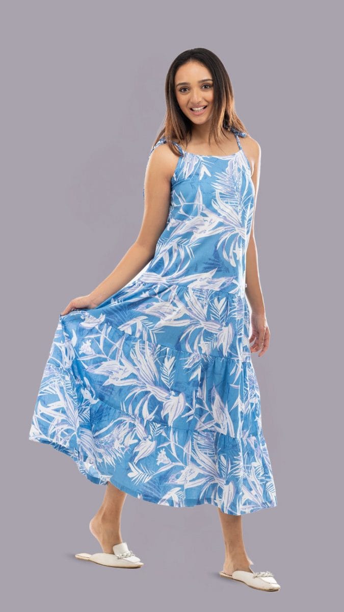 Blue Cotton Mermaid Cut Strappy Dress