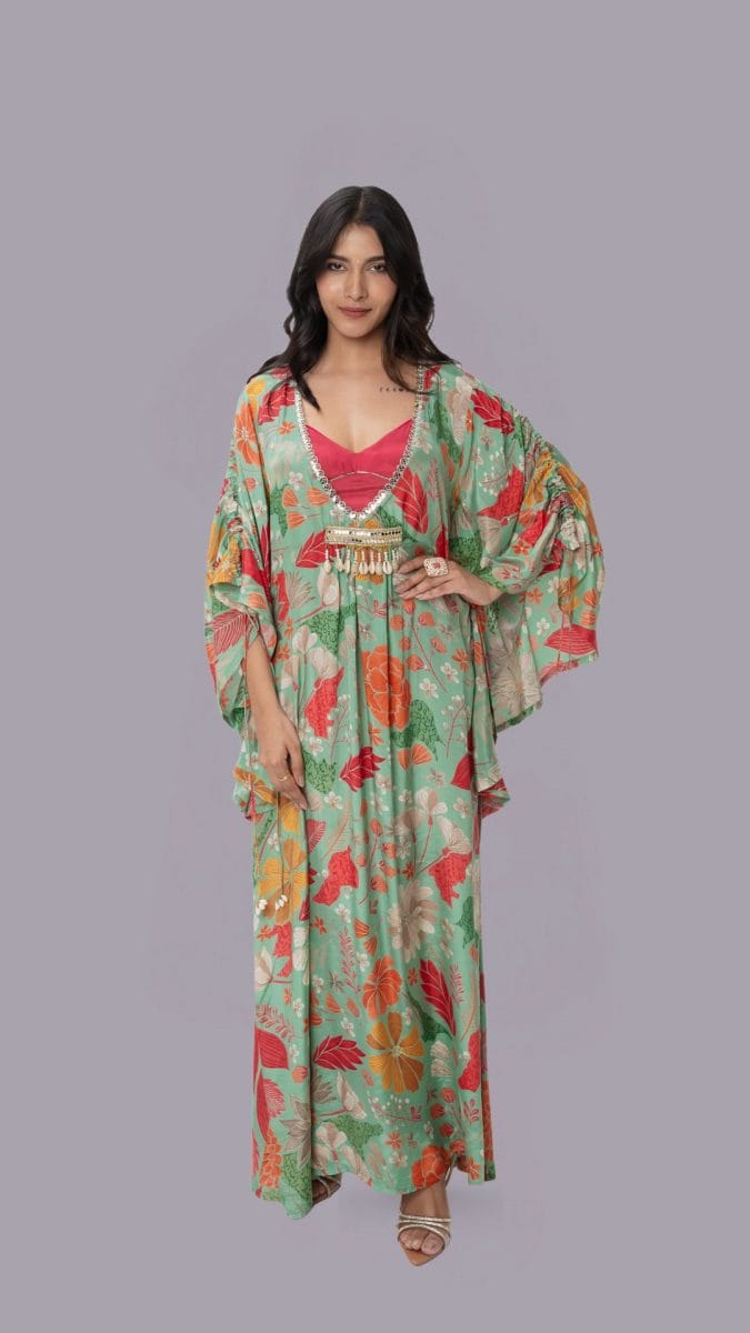 Green Floral Printed Kaftan Dresses