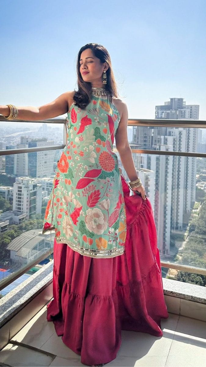 Green Floral Printed Kurta With Skirt