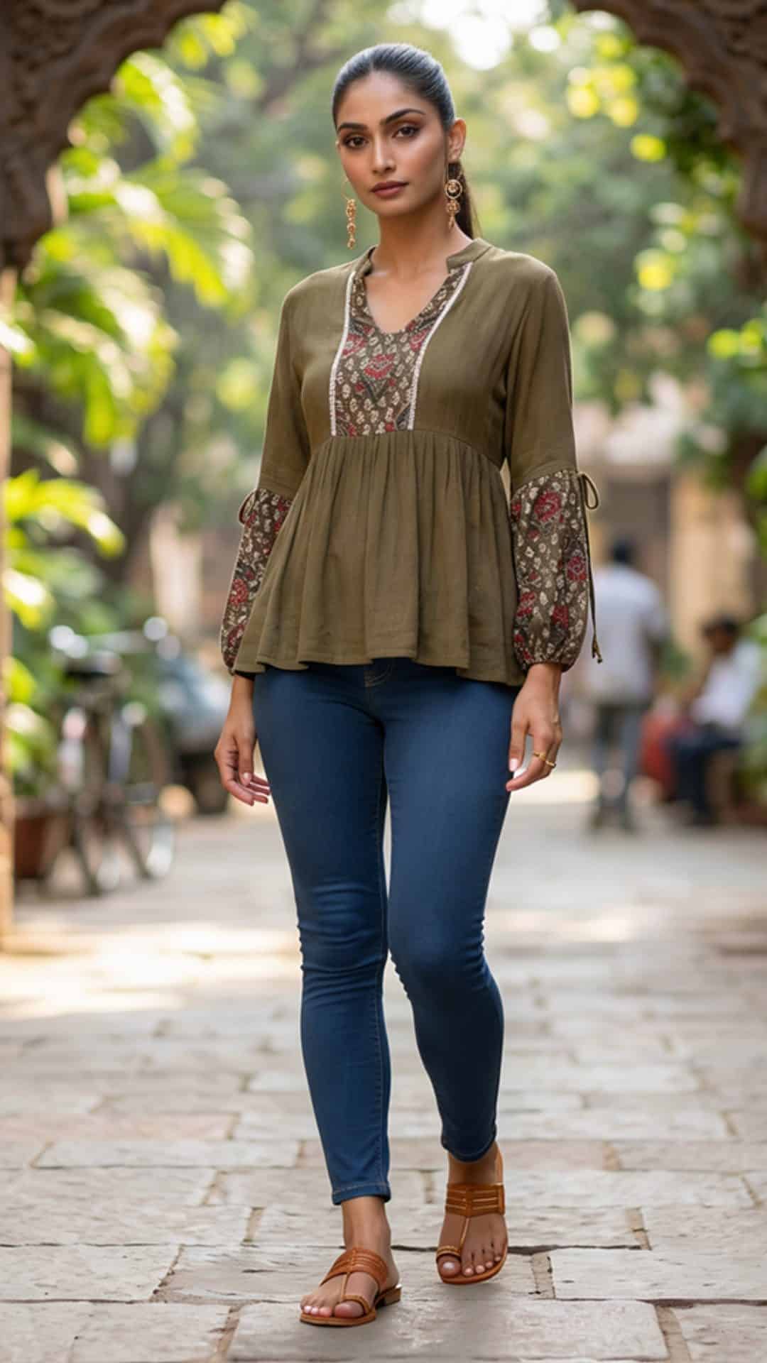 Green lace detailed peplum kurti with jeans combo