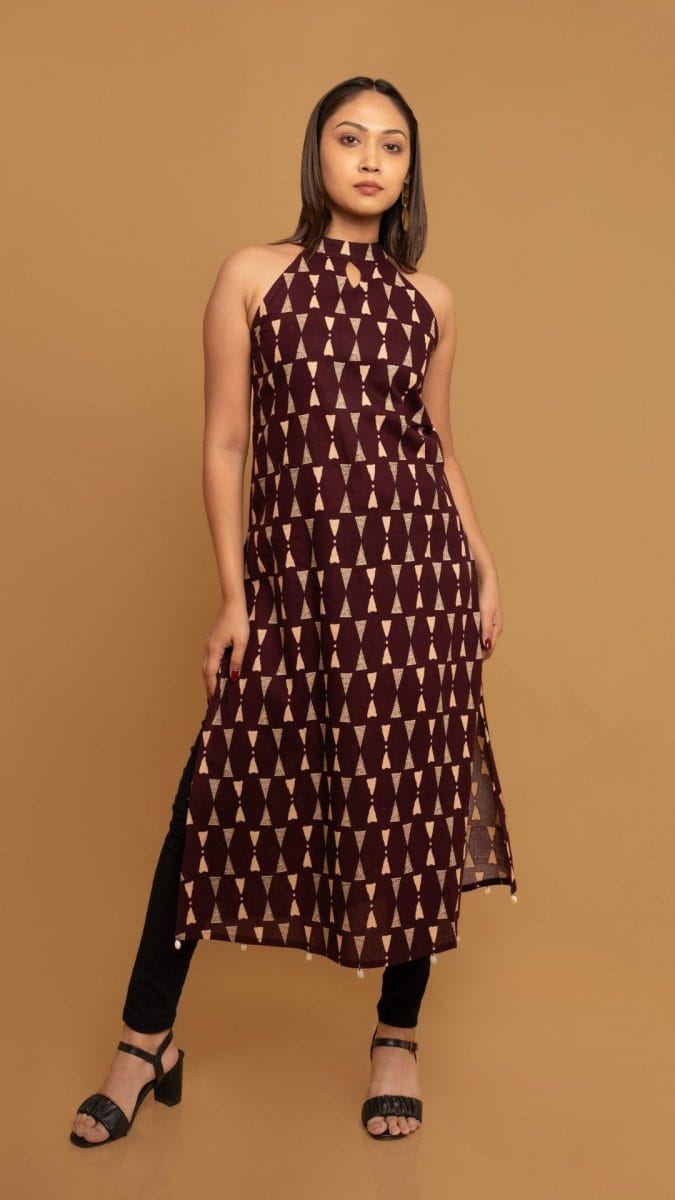 Maroon Printed Cotton Halter Neck Kurta