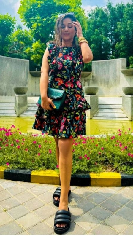Black floral print ruffle dress