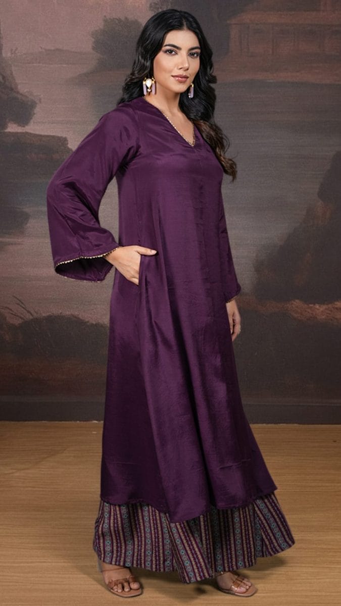Purple Solid V-neck Kurta Set With Lace Details a subtle Diwali outfits