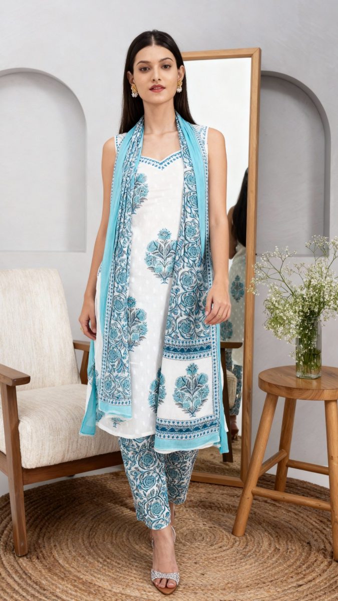 Front flow dupatta draping style for white cotton kurta set