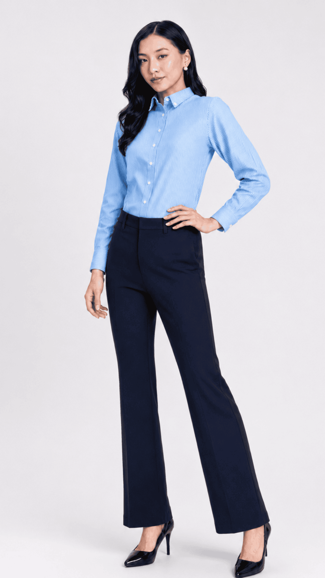 Blue shirt and dark blue pants for women