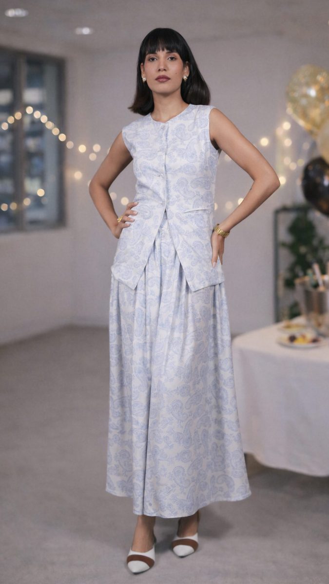 off white waistcoat skirt co-ord set