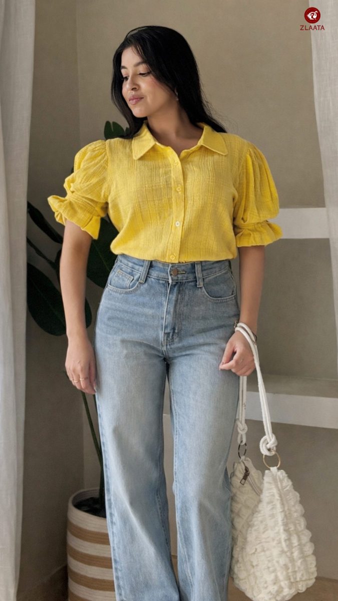 Yellow shirt with blue jeans