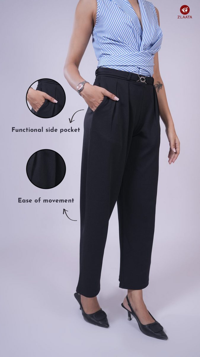 Black straight-fit type of pants for women