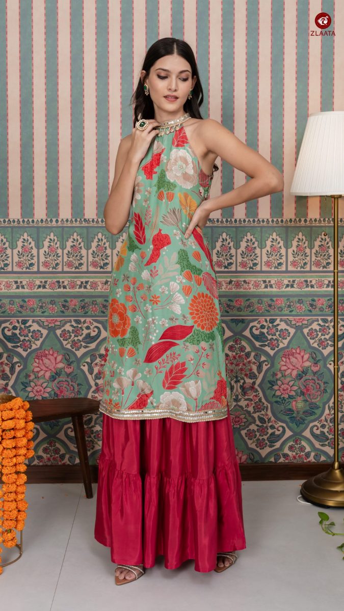 Stylish Eid Outfit Ideas Green floral kurta skirt set
