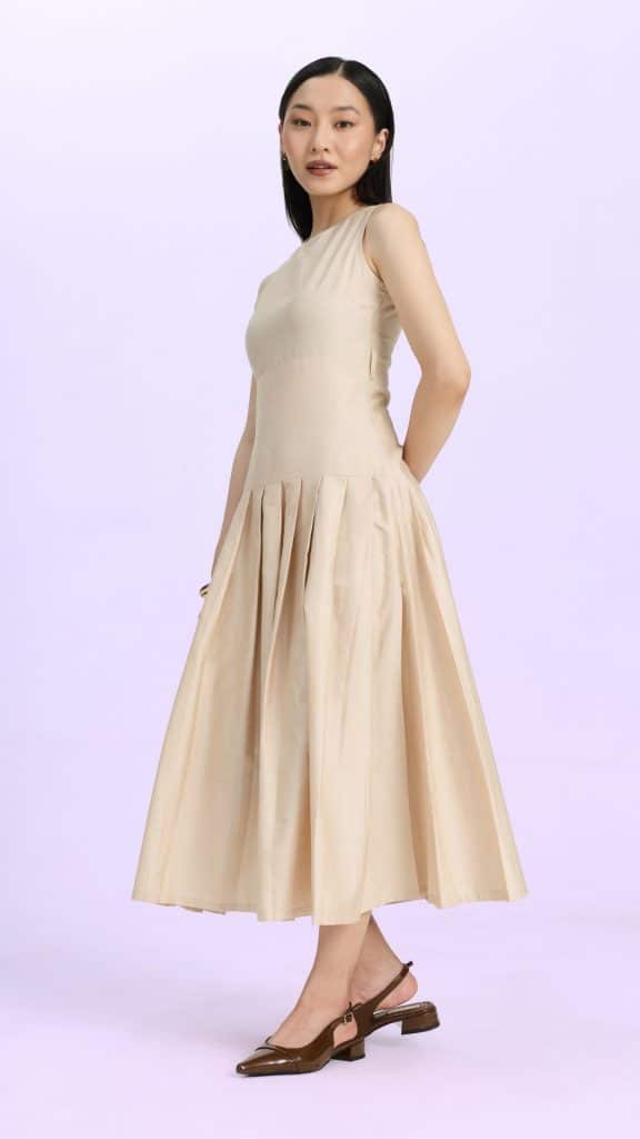 Beige low-waist fit-and-flare dress for an inverted triangle body shape