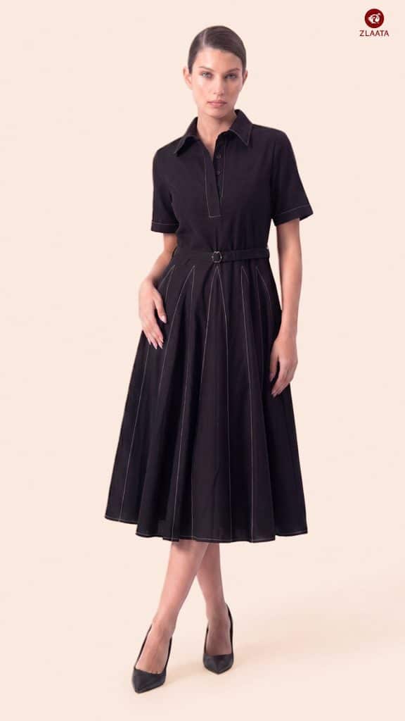 Black fit and flare dress with detachable belt for a pear-shaped body