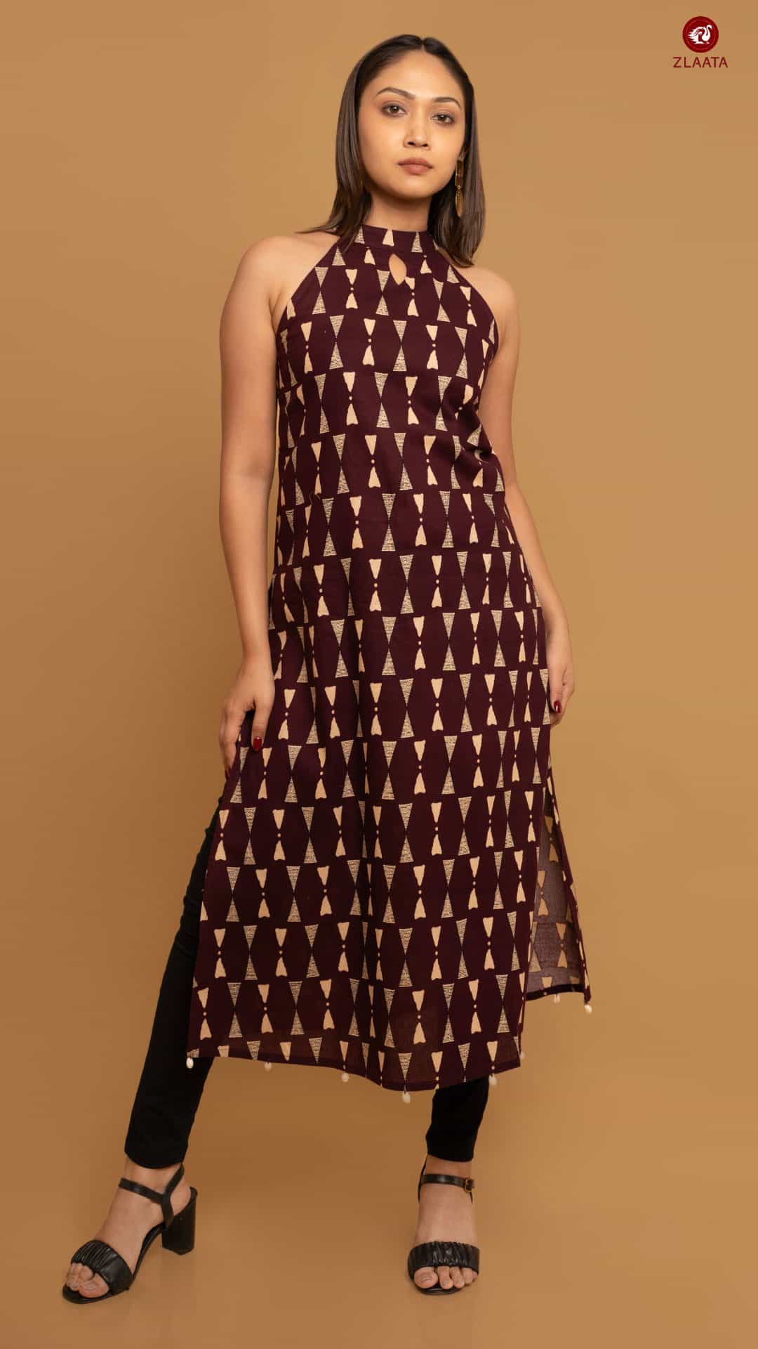 Maroon halter neck kurta with palazzo pants