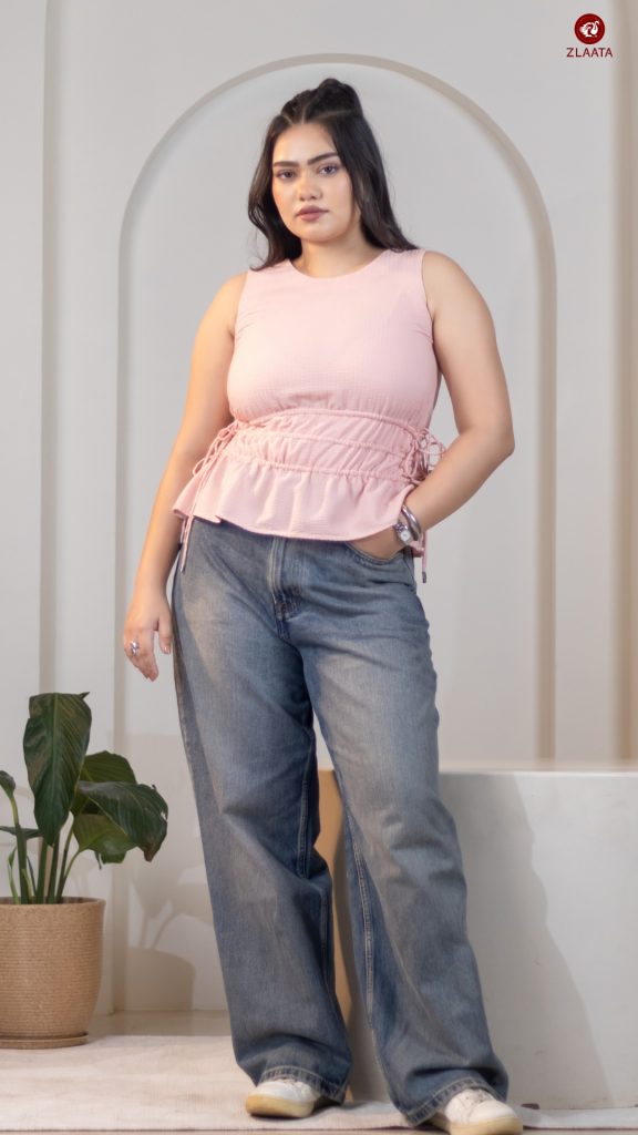Peach tie-up peplum top with waist tie-up for inverted triangle body shape