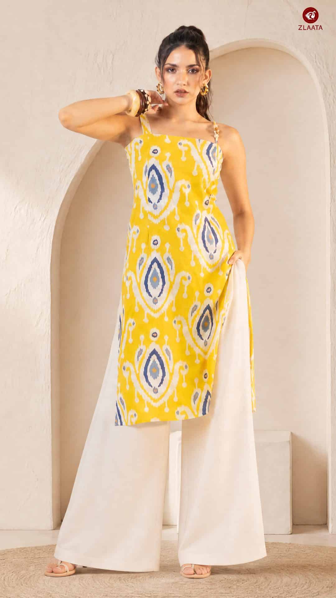 Yellow Ikat Straight Kurta Tops To Wear With Palazzo Pants