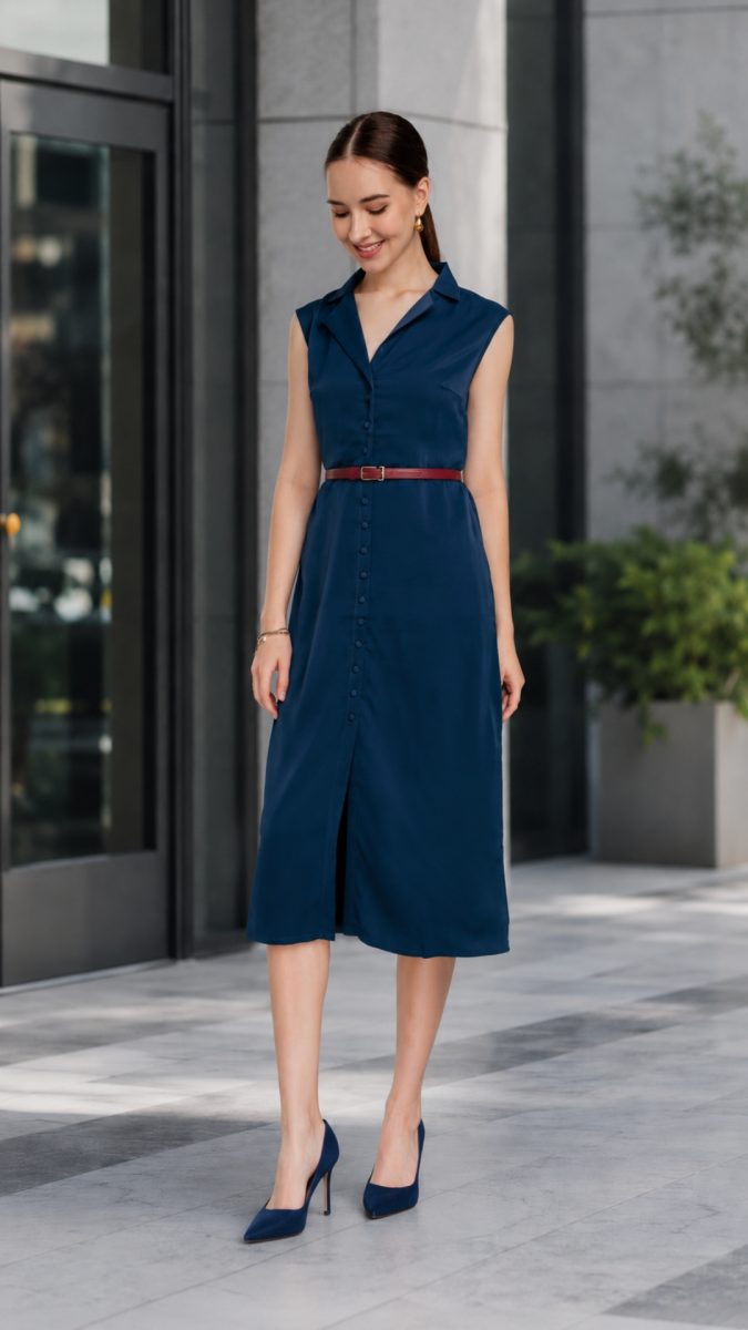 Blue cap sleeve shirt dress with waist belt