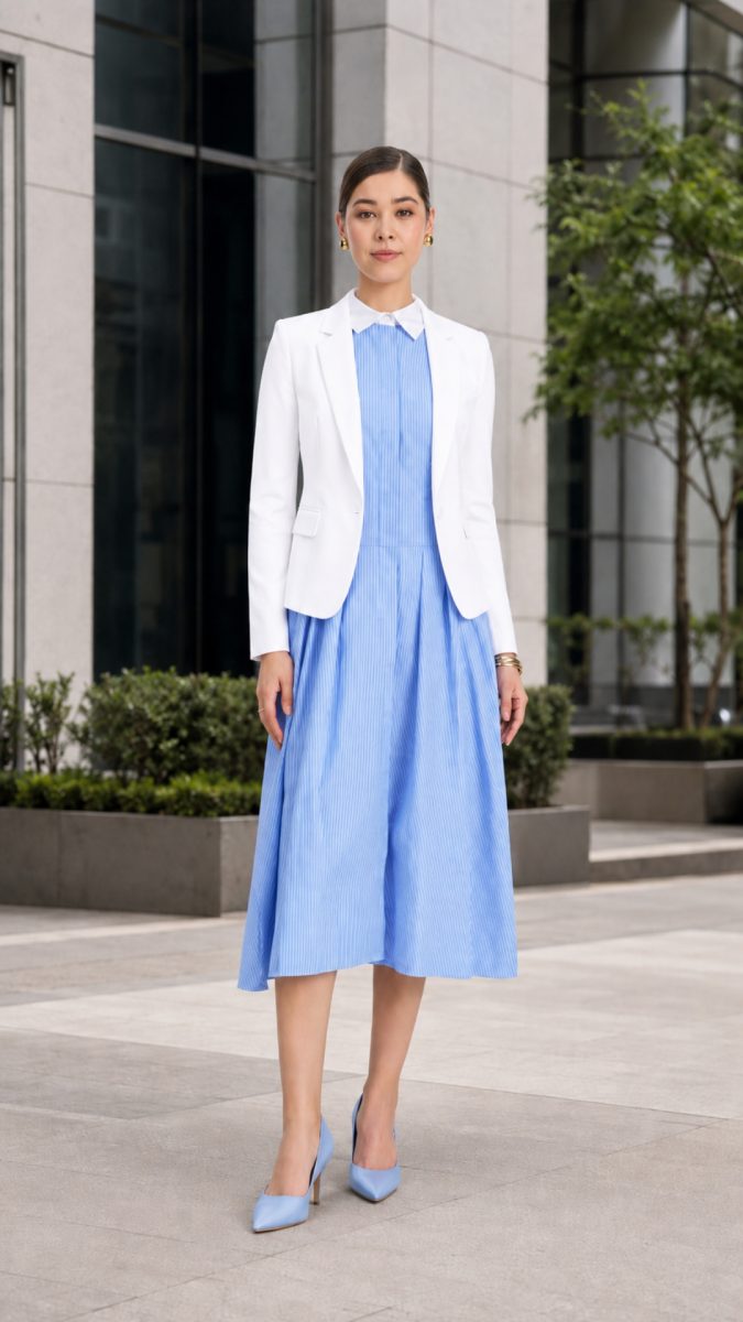 Blue striped shirt dress with jacket