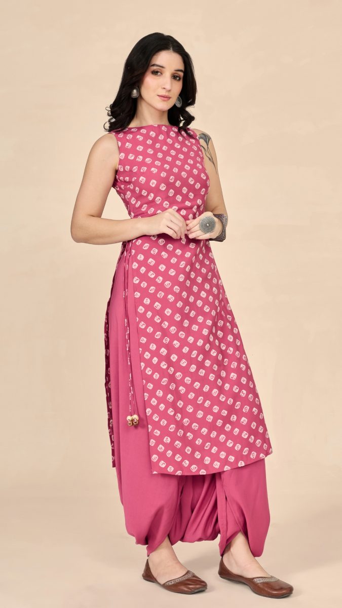 Pink bandhani-printed trendy dori tie up kurta designs