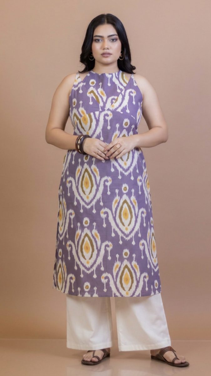 Purple ikat-printed with trendy apron neck detail