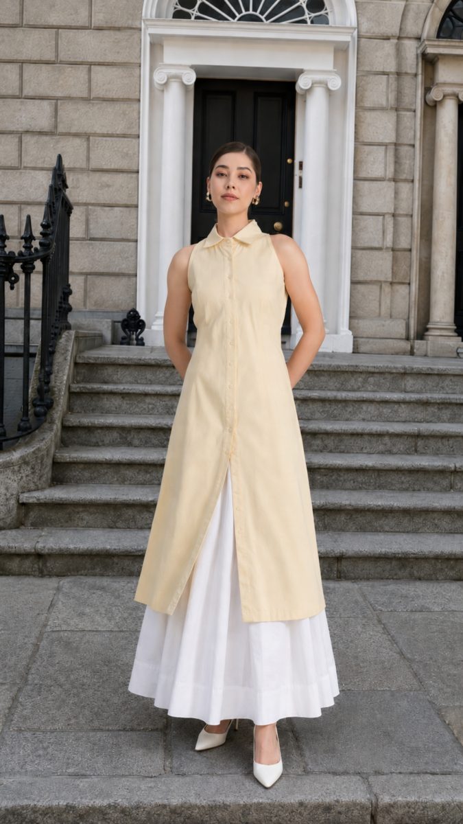 Yellow halter neck shirt dress with skirt