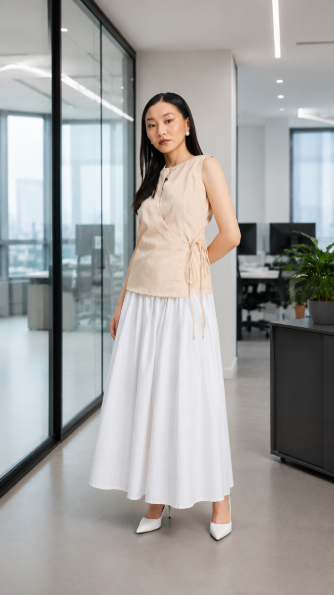 Beige sleeveless wrap top