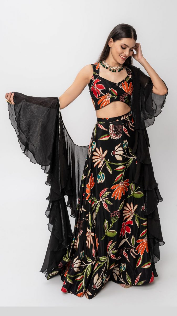 Black floral print lehenga set