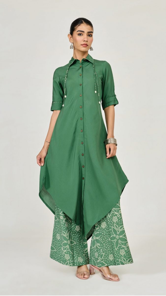 Green asymmetric kurta set