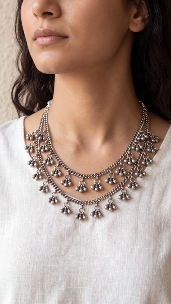 Layered oxidized necklace for the neckline