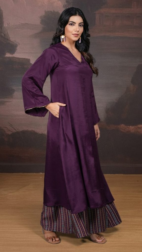 Purple V-neckline with bold pendant necklace
