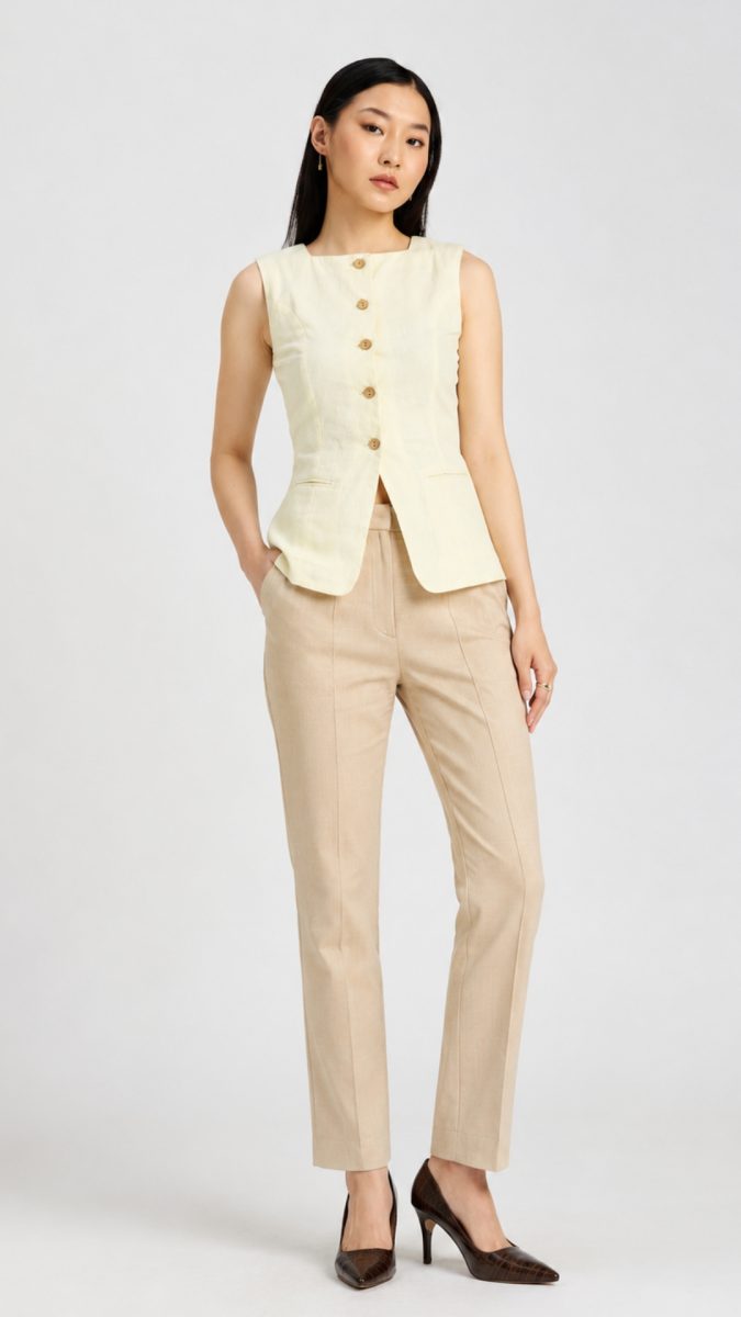 yellow formal waistcoat with beige pants