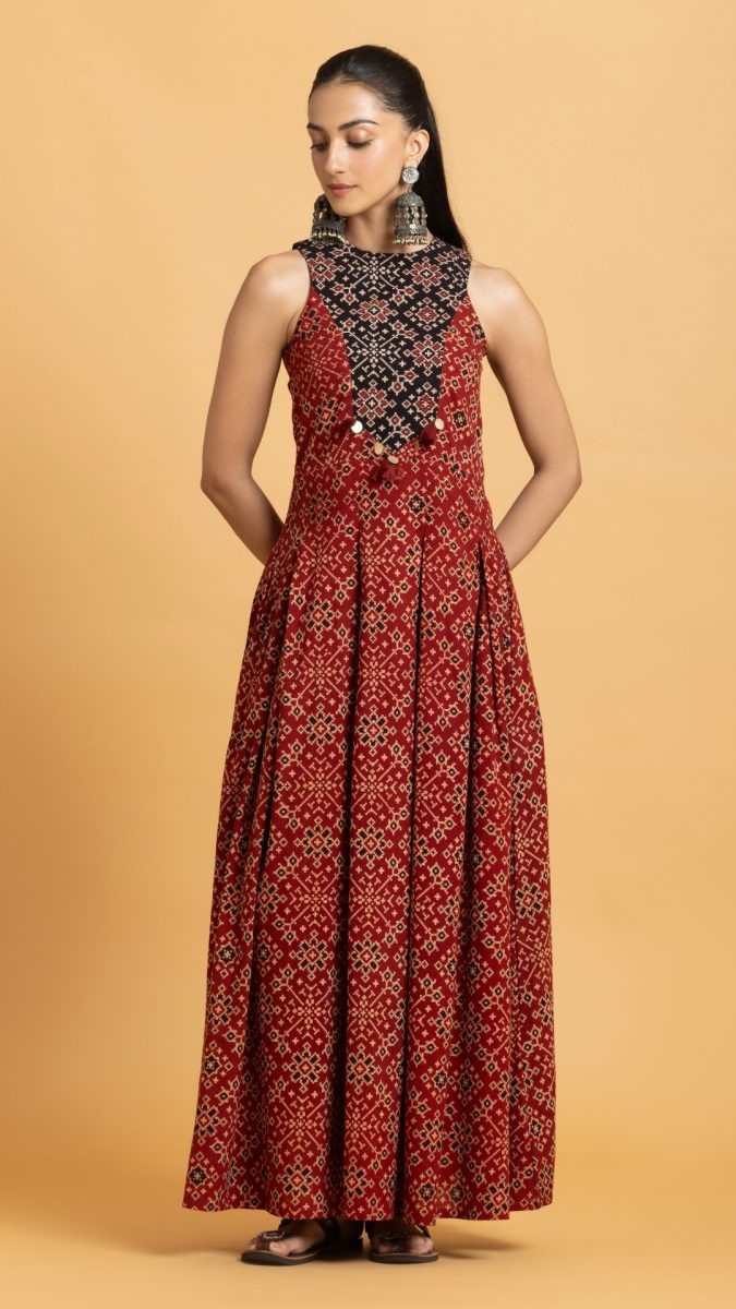 Maroon Ajrakh Printed Fit-and-Flare Maxi Dress for diwali
